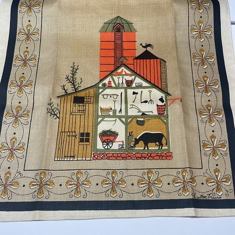 Luther Trains - Vintage Linen Tea Towel - farm, barn, cow - Size l6” X 29” - Picture 5 of 7
